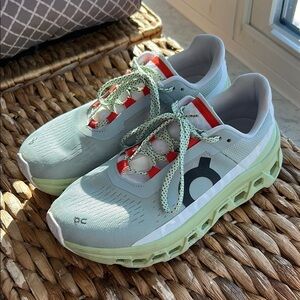 On Running Athletic Shoes - Mint Green and orange.  Cloud monster. Fantastic!